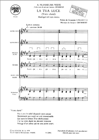 Ungaretti Grimbert A Plusieurs Vois Pj483 La Tua Luce 6 Part & Piano